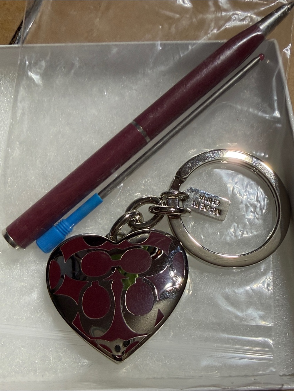 Coach Burgundy and Silver Heart Keychain